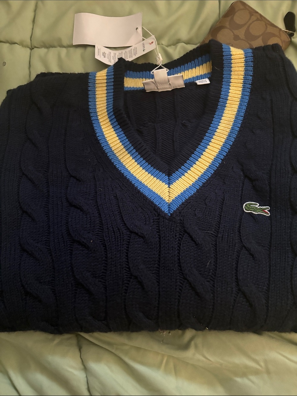 NWT Lacoste Classic Fit Cable Knit V-Neck Sweater Blue & Yellow Size Medium